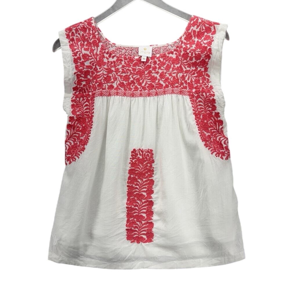 J. Marie Women Embroidered Linen Blend Top Size XS Pink White Sleeveless Cottage